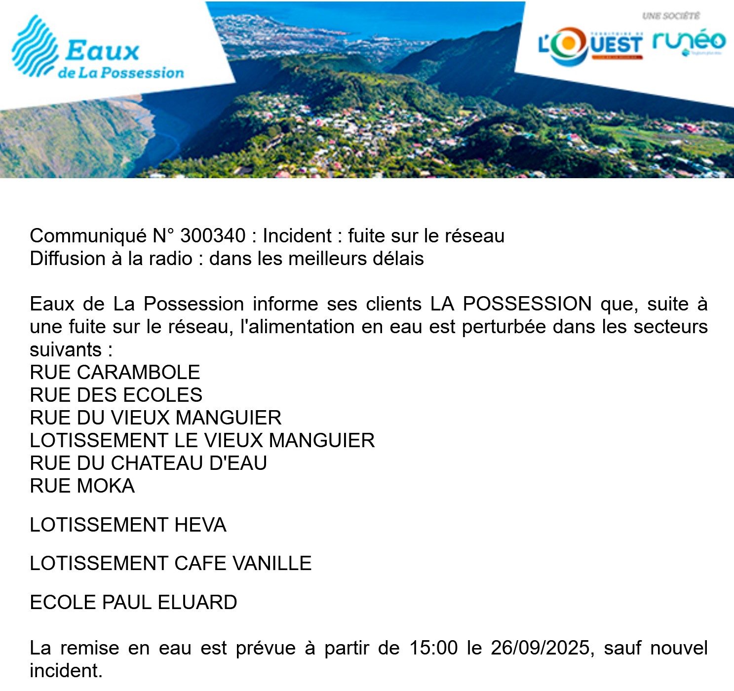 La Possession : Réseau d’eau Sainte-Thérèse La Possession : Réseau d’eau Sainte-Thérèse